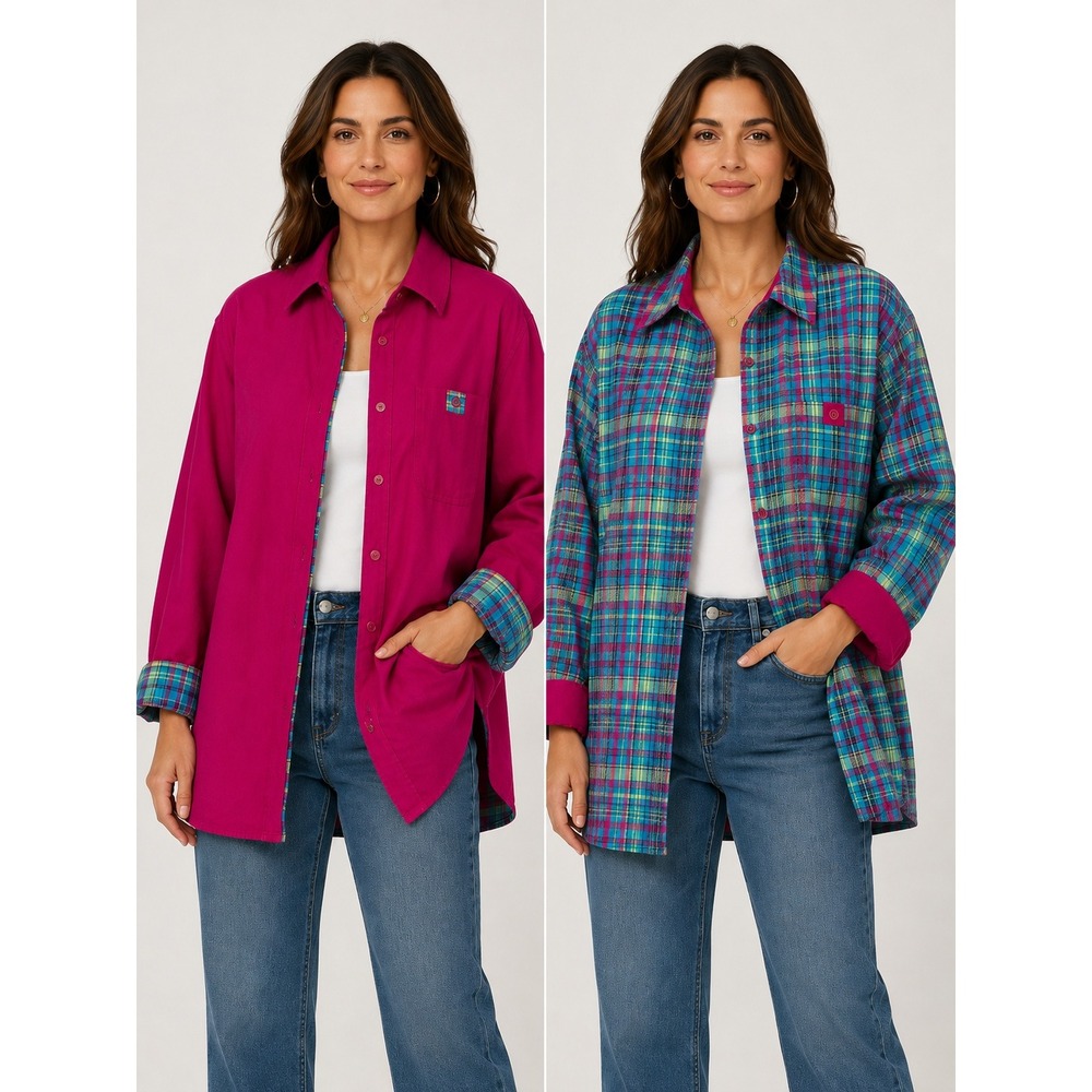 Reversible Flannel Shirt Women XL Fuchsia Teal Plaid Cotton Shacket